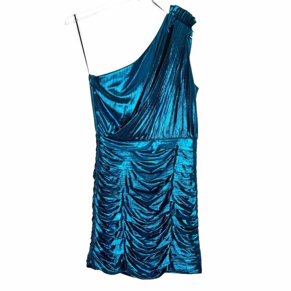 NWT Retrofete Cassia Ruched Cut Out One Shoulder Metallic Cocktail Dress. Size M - Picture 2 of 15